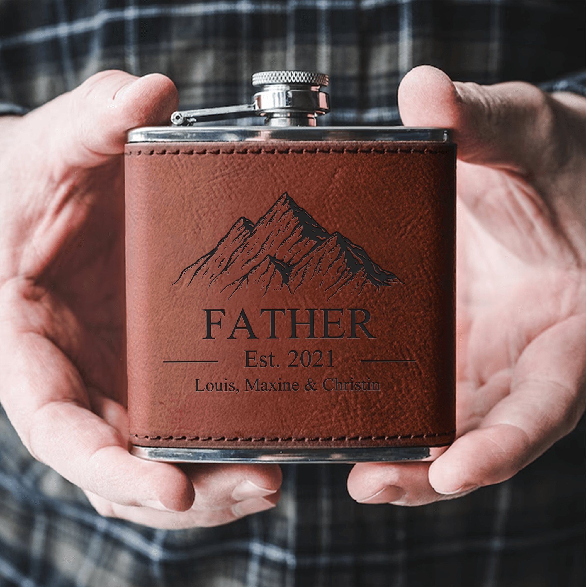 Established Father - Family Personalized Custom Hip Flask - Father's Day, Birthday Gift For Dad, Grandpa - Suzitee Store