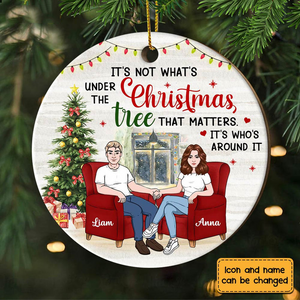 Couple Under The Christmas Tree - Personalized Circle Wood Ornament - Christmas Gift For Couple, Husband, Wife