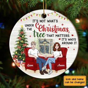 Couple Under The Christmas Tree - Personalized Circle Wood Ornament - Christmas Gift For Couple, Husband, Wife