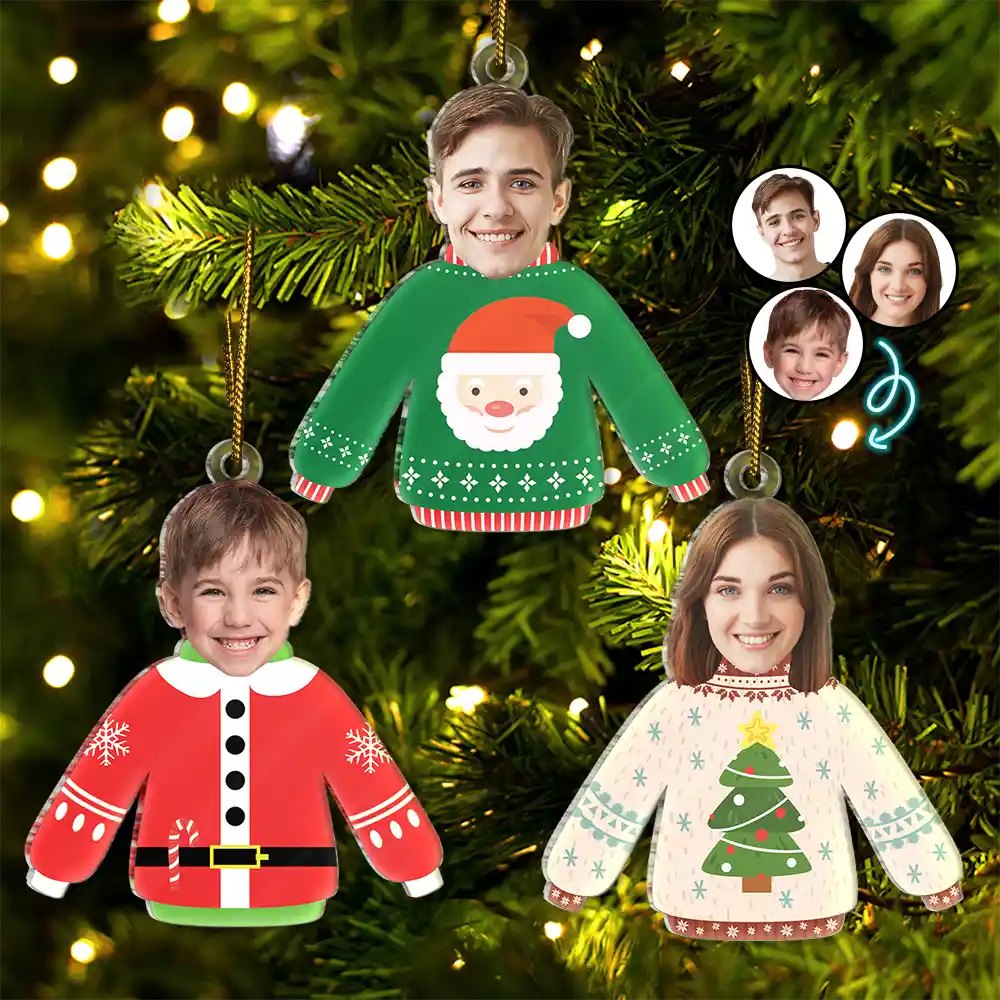 Custom Photo Funny Family Faces Hanging Christmas Sweater - Personalized Cutout Acrylic Ornament