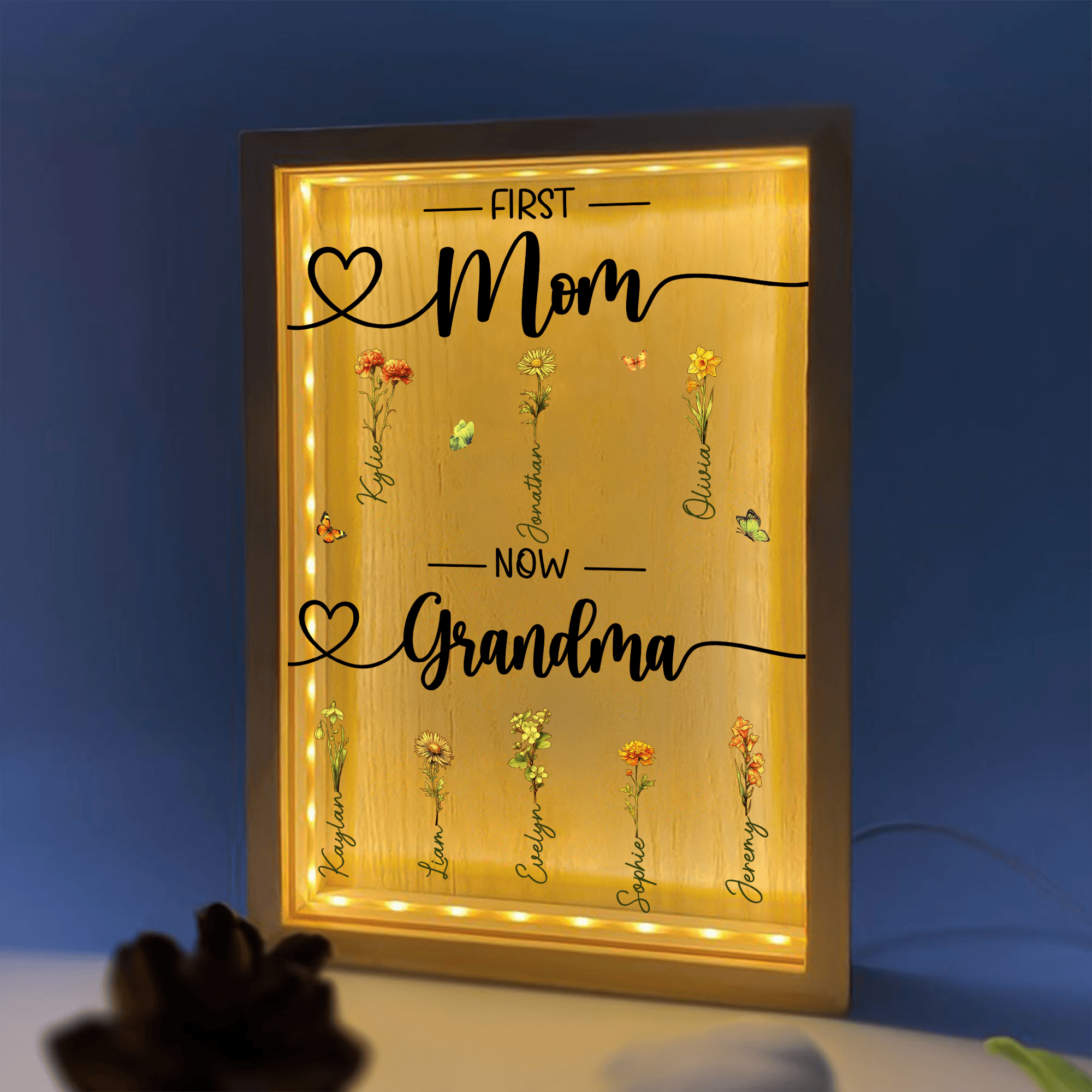 Custom Birth Month Flower First Mom Now Grandma - Personalized Frame Light Box - LED Night Lamp, Mother's Day, Birthday, Loving, Funny Keepsakes/Gift for Grandma/Nana/Mimi, Mom, Wife, Grandparent - Suzitee Store