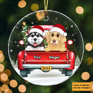 Dog Lovers Red Truck On The Snow - Personalized Circle Acrylic Ornament - Christmas Gift For Dog Mom, Dog Dad, Dog Lovers