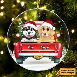 Dog Lovers Red Truck On The Snow - Personalized Circle Acrylic Ornament - Christmas Gift For Dog Mom, Dog Dad, Dog Lovers