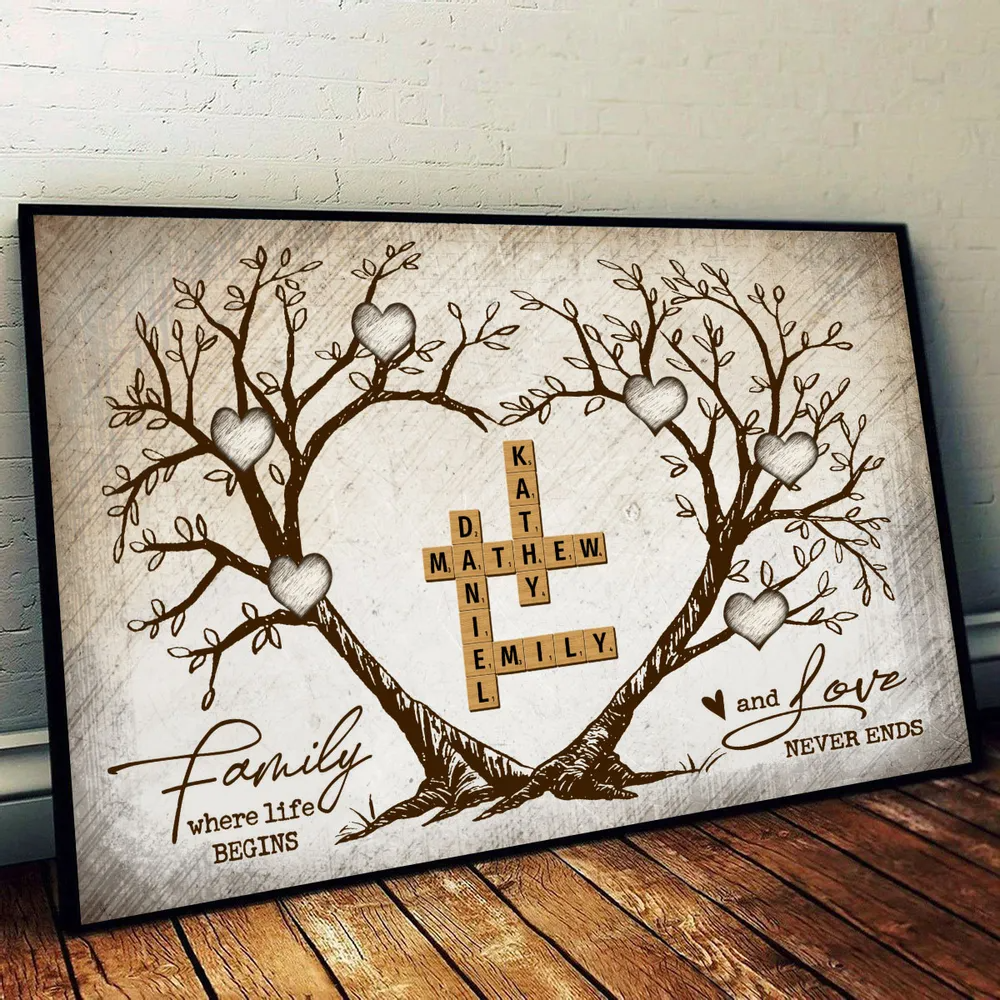 Family Heart Tree Crossword Puzzle - Personalized Horizontal Poster - Gift For Family Members, Mom and Dad