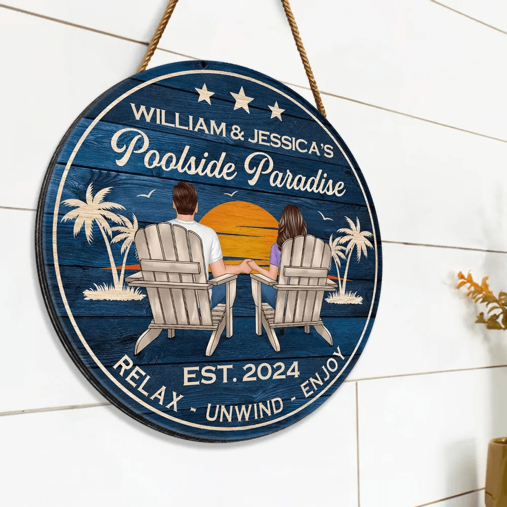 Poolside Paradise Couple Sitting - Personalized Wood Sign, Summer Decor, Perfect for Bar, Pool Deck, Beach House, Backyard Walls