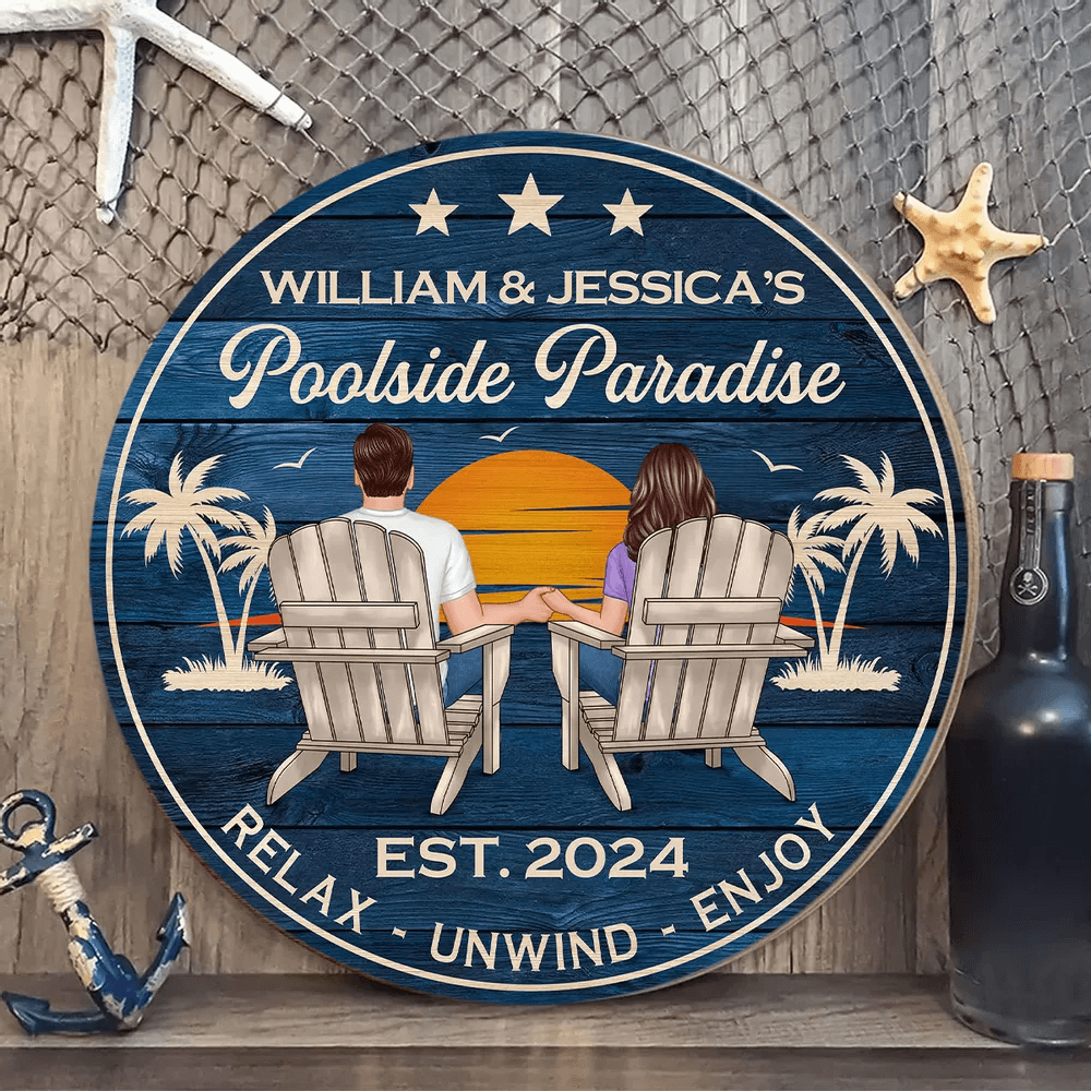 Poolside Paradise Couple Sitting - Personalized Wood Sign, Summer Decor, Perfect for Bar, Pool Deck, Beach House, Backyard Walls