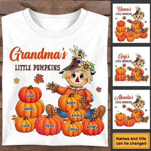 Scarecrow Autumn Grandma's Little Pumpkins - Personalized Custom T Shirt - Fall Season Gift for Grandma/Nana/Mimi, Mom, Wife, Grandparent