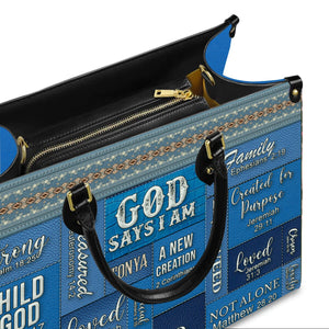 God Says I Am Leather Handbag Blue - Personalized Leather Handbag - Gift For Women, Christian Gift