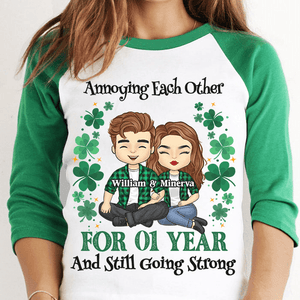 Annoying Each Other For Years And Still Going Strong - Personalized Custom Baseball Tee Raglan Jersey T Shirt - St. Patrick's Day, Birthday, Loving, Funny Gift For Couples, Anniversary, Husband, Wife, Girlfriend, Boyfriend, Her/Him - Suzitee Store