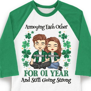 Annoying Each Other For Years And Still Going Strong - Personalized Custom Baseball Tee Raglan Jersey T Shirt - St. Patrick's Day, Birthday, Loving, Funny Gift For Couples, Anniversary, Husband, Wife, Girlfriend, Boyfriend, Her/Him - Suzitee Store