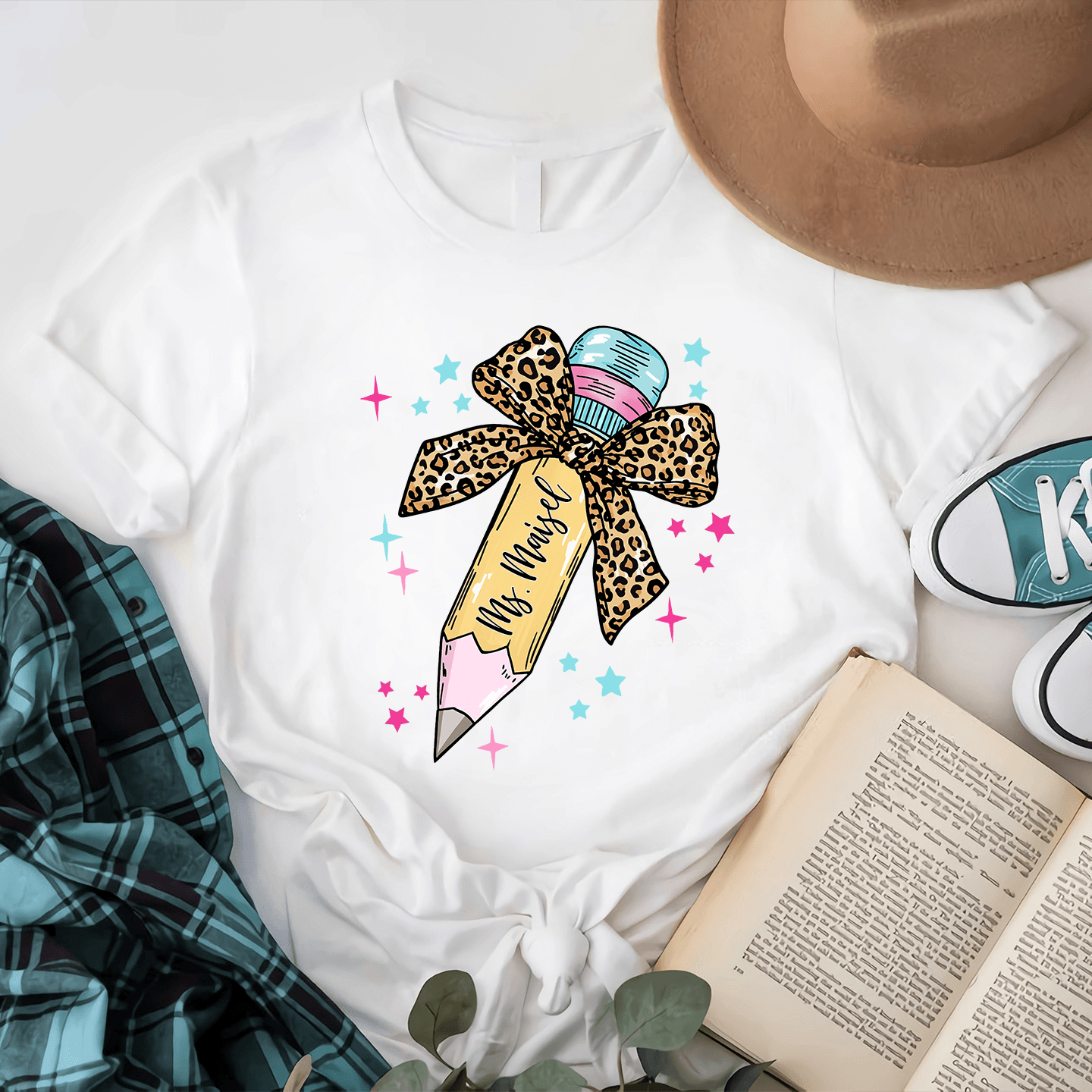 Leopard Print Bow Pencil Design - Personalized Custom T Shirt - First Day of School, Back to School Funny Gift for Teacher, Kindergarten, Preschool, Pre K, Paraprofessional