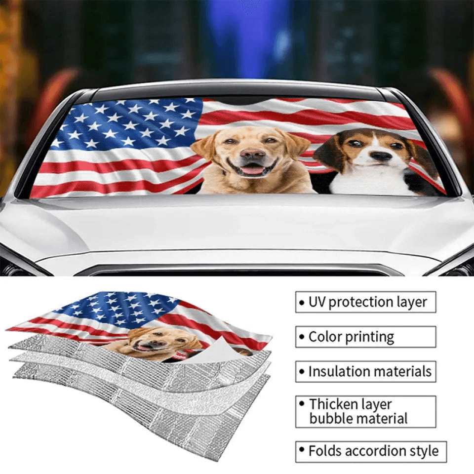 Custom Auto Windshield Sun Shade, Car Window Protector - Personalized Photo Gift for Dog & Cat Lover, Pet Owner, 4th of July, Independence Day, Summer