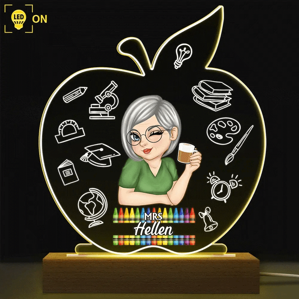 Apple Teacher Name - Personalized 3D Led Light Wooden Base - Custom Gift for Teacher, Kindergarten, Preschool, Pre K, Paraprofessional