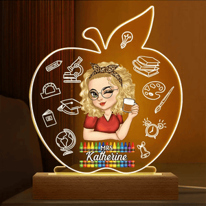 Apple Teacher Name - Personalized 3D Led Light Wooden Base - Custom Gift for Teacher, Kindergarten, Preschool, Pre K, Paraprofessional