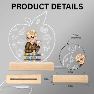 Apple Teacher Name - Personalized 3D Led Light Wooden Base - Custom Gift for Teacher, Kindergarten, Preschool, Pre K, Paraprofessional