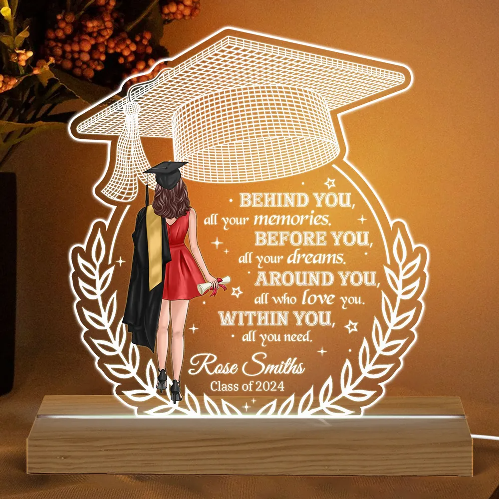 Behind You All Your Memories Graduation Gift - Personalized 3D Led Light Wooden Base - Gift For Her/Him, Daughter/Son, Grad Ceremony, Commencement