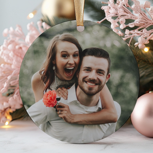 Custom Photo Couple Christmas Ornament - Personalized Circle Ceramic Ornament - Gift For Couple, Husband, Wife, Family Members