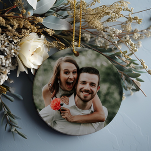 Custom Photo Couple Christmas Ornament - Personalized Circle Ceramic Ornament - Gift For Couple, Husband, Wife, Family Members