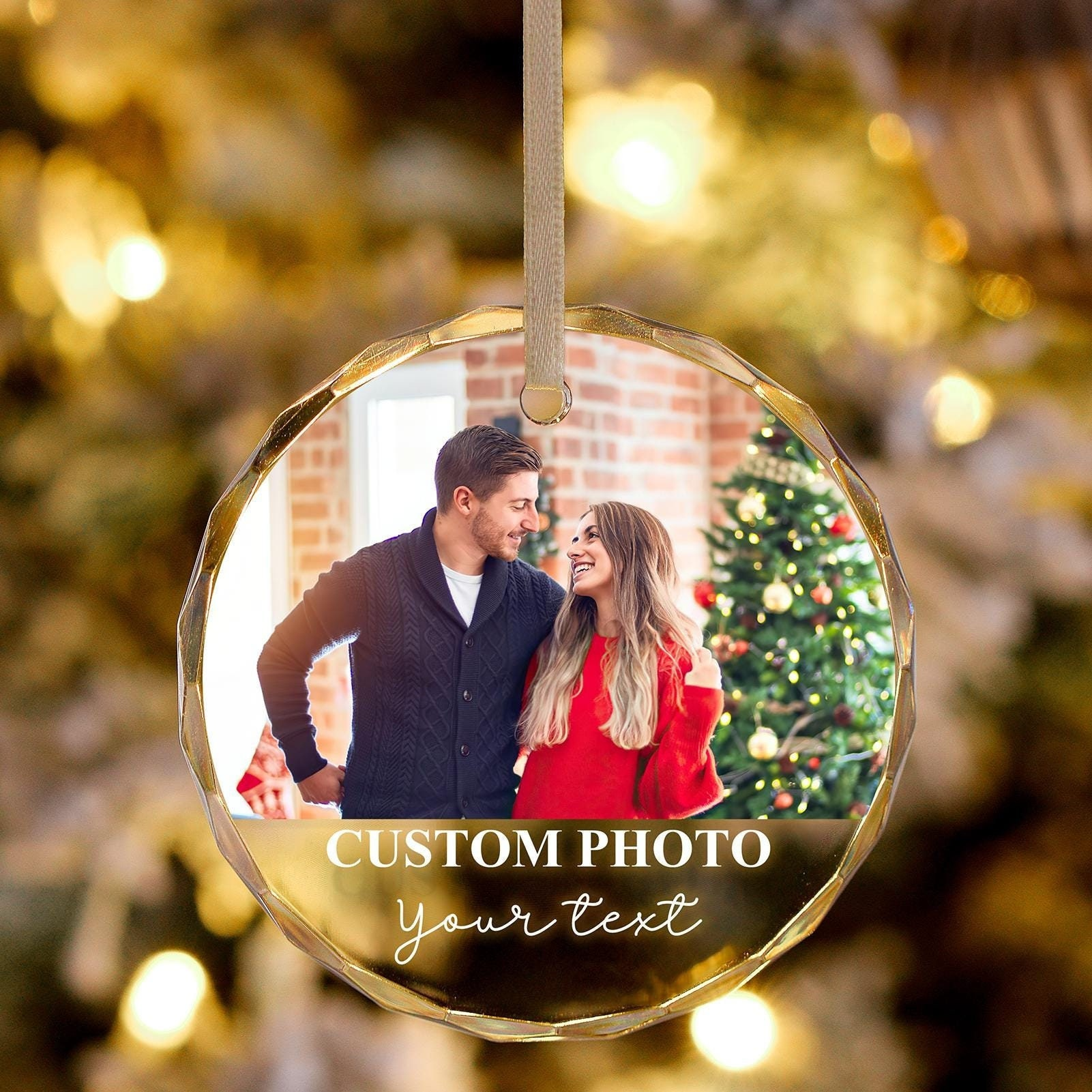 Custom Photo Couple Ornament - Personalized Circle Glass Ornament - Christmas Gift For Couple, Husband, Wife, Family Members