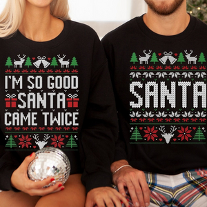 Unisex Funny Couples Ugly Christmas Sweater, Couples Matching Ugly Christmas Sweater, Santa Twice, Christmas Pajamas