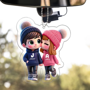 Cute Cartoon Couple Walking - Personalized Acrylic Car Hanger - Gift For Couple, Anniversary, Valentine, Engagement