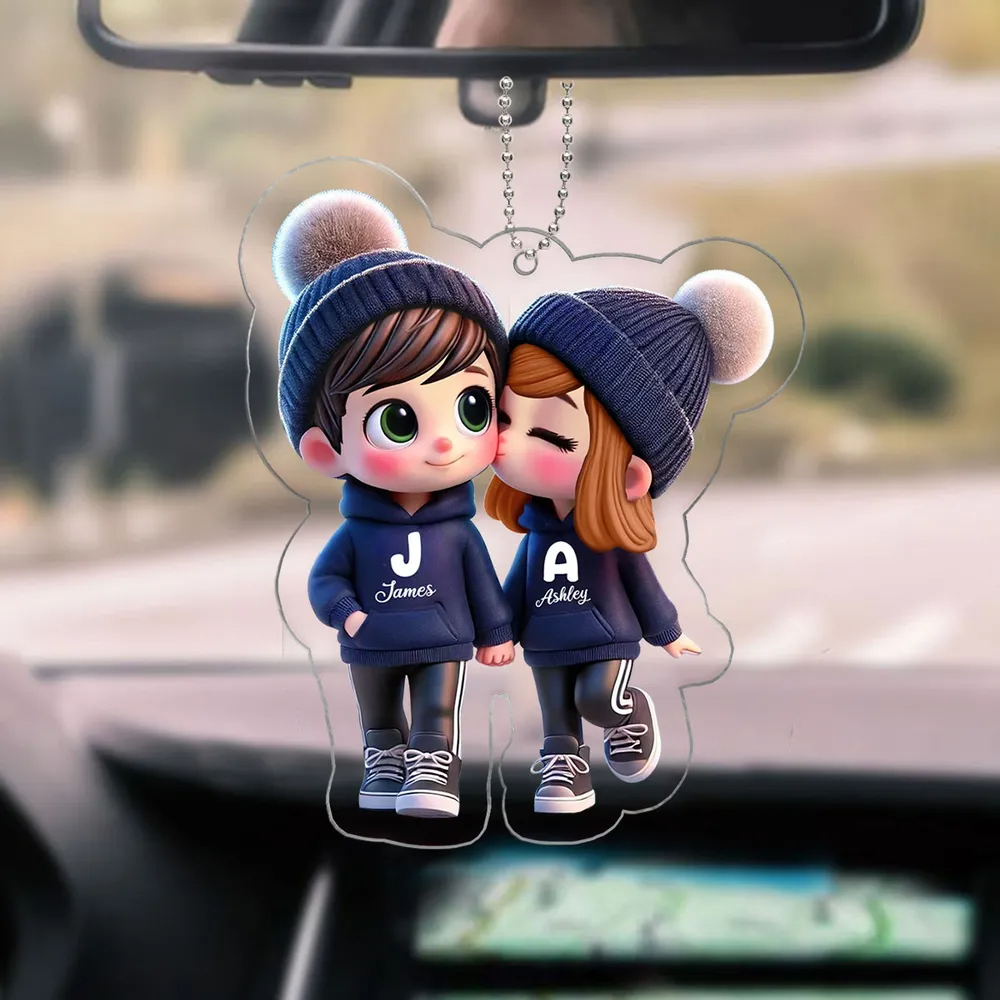 Cute Cartoon Couple Walking - Personalized Acrylic Car Hanger - Gift For Couple, Anniversary, Valentine, Engagement