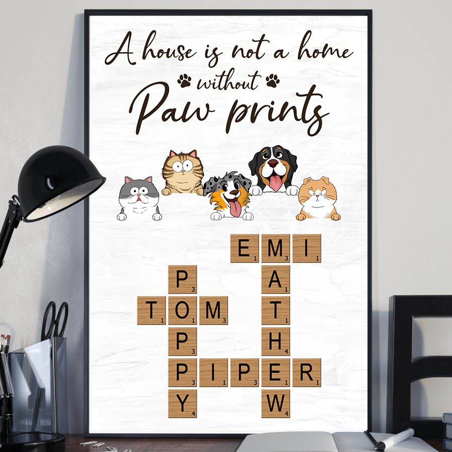 Home With Paw Prints Peeking Dog Cat Crossword Puzzle Art - Personalized Poster/Canvas Print