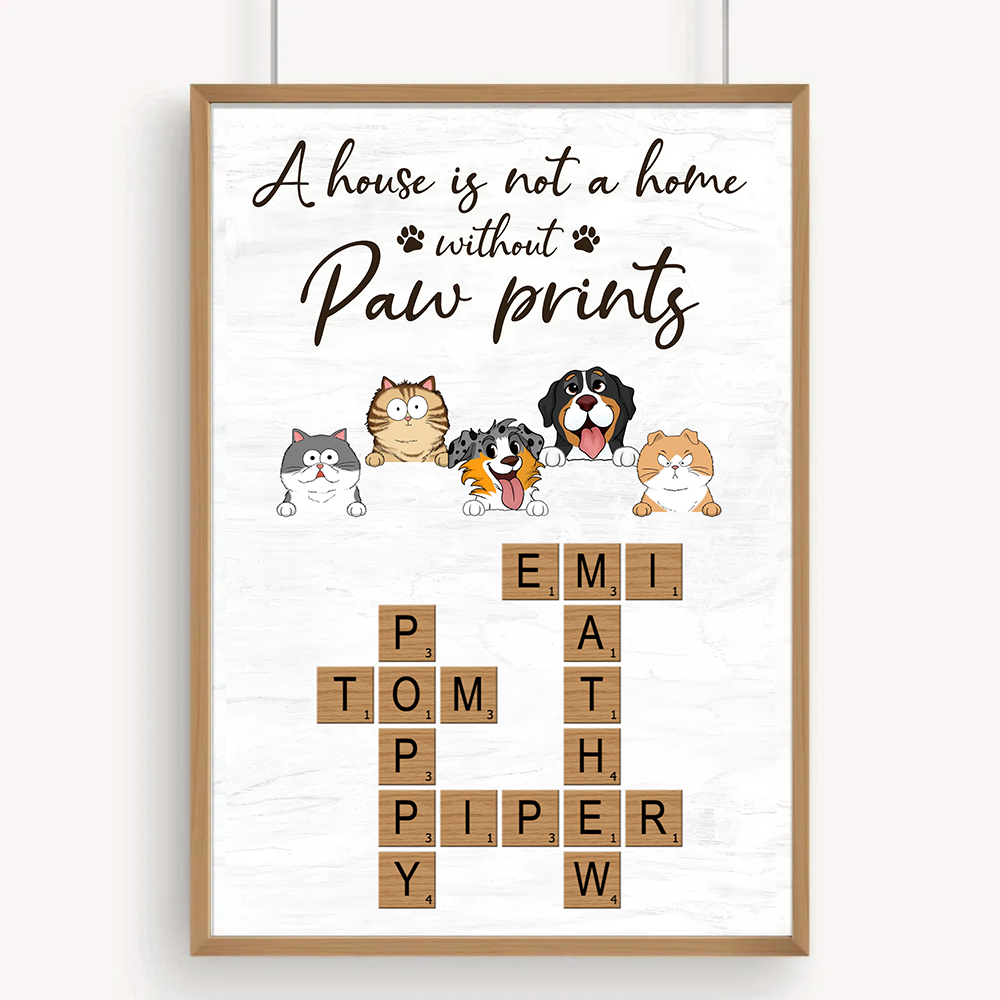 Home With Paw Prints Peeking Dog Cat Crossword Puzzle Art - Personalized Poster/Canvas Print