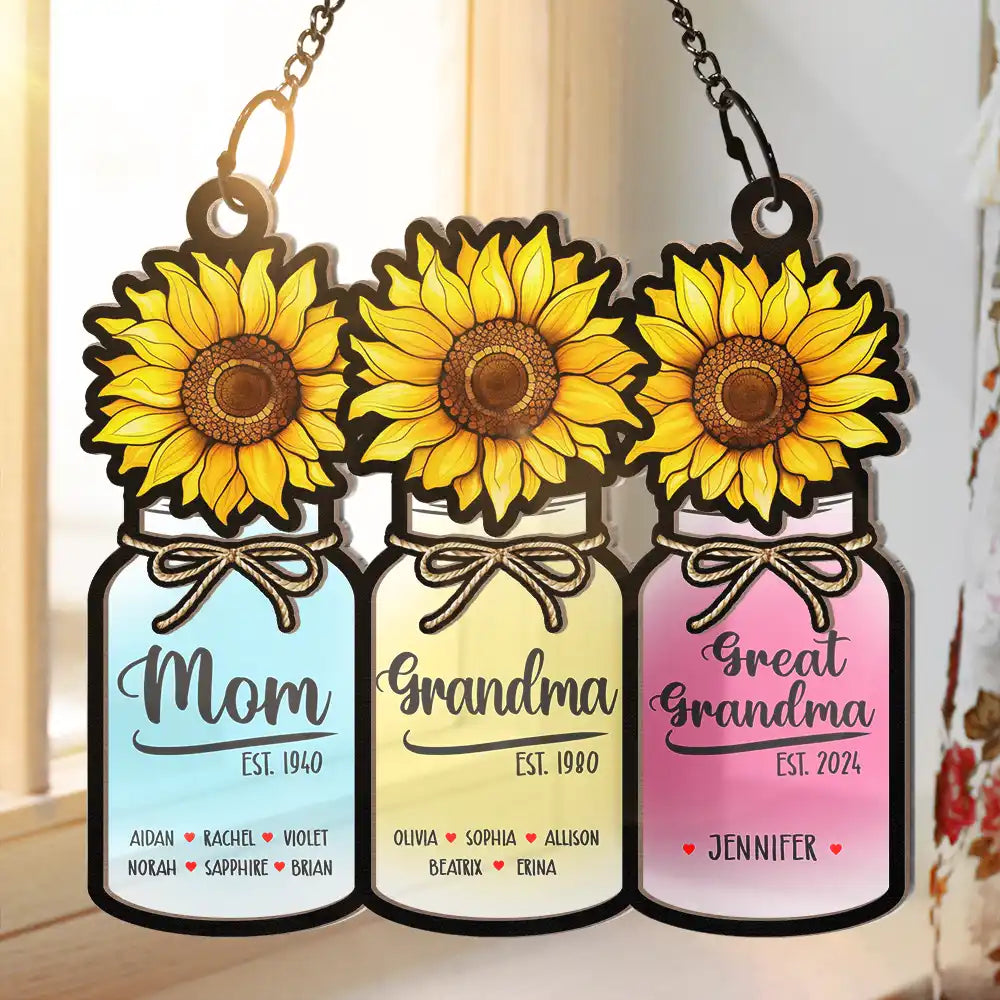 Flower Mason Jar Mom Grandma Great Grandma - Personalized Window Hanging Suncatcher Ornament - Gift For Mom, Mama, Mommy, Grandma