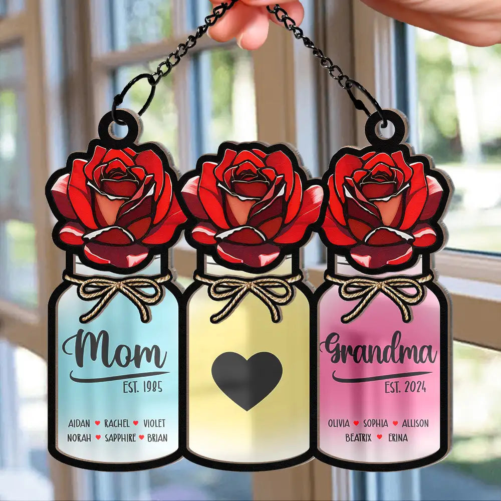 Flower Mason Jar Mom Grandma Great Grandma - Personalized Window Hanging Suncatcher Ornament - Gift For Mom, Mama, Mommy, Grandma