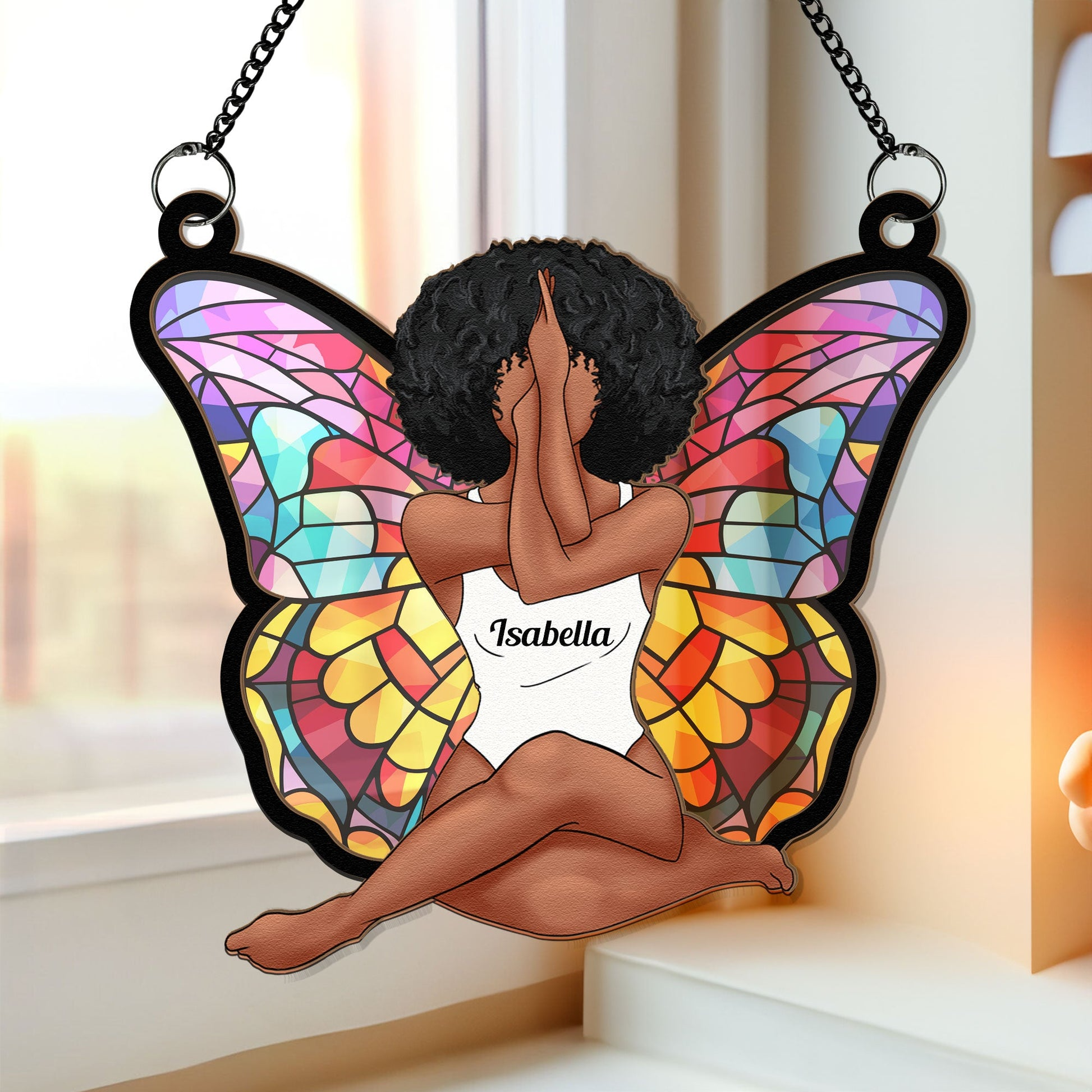 Girl Butterfly - Personalized Window Hanging Suncatcher Ornament - Gift For Women, Yoga Lovers, Mental Health Gifts