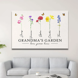 Grandma‘s Garden Love Grows Here Watercolor Birth Month Flower - Personalized Poster/Canvas - Gift For Grandma, Mom