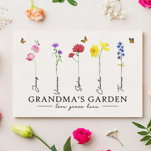 Grandma‘s Garden Love Grows Here Watercolor Birth Month Flower - Personalized Poster/Canvas - Gift For Grandma, Mom