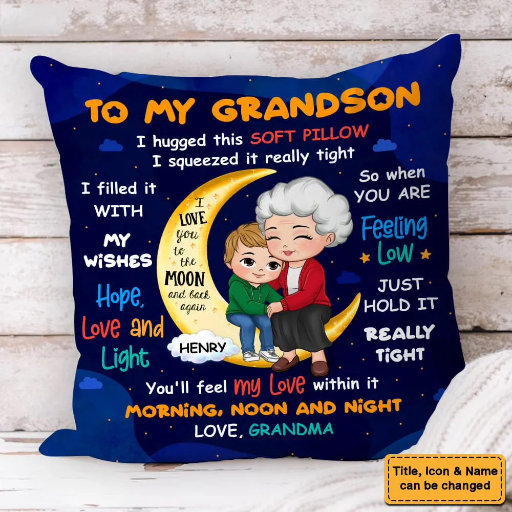 I Hugged This Soft Pillow On The Moon - Personalized Custom Pillow - Gift For Grandson, Granddaughter, Kids