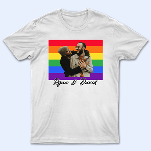 Custom Photo Love Is Love Pride Flag LGBT Couple | Personalized Gift For Pride Month, Valentine, Anniversary, Husband Wife, Girlfriend, Boyfriend, Her/Him, Family | T-shirts - Suzitee Store