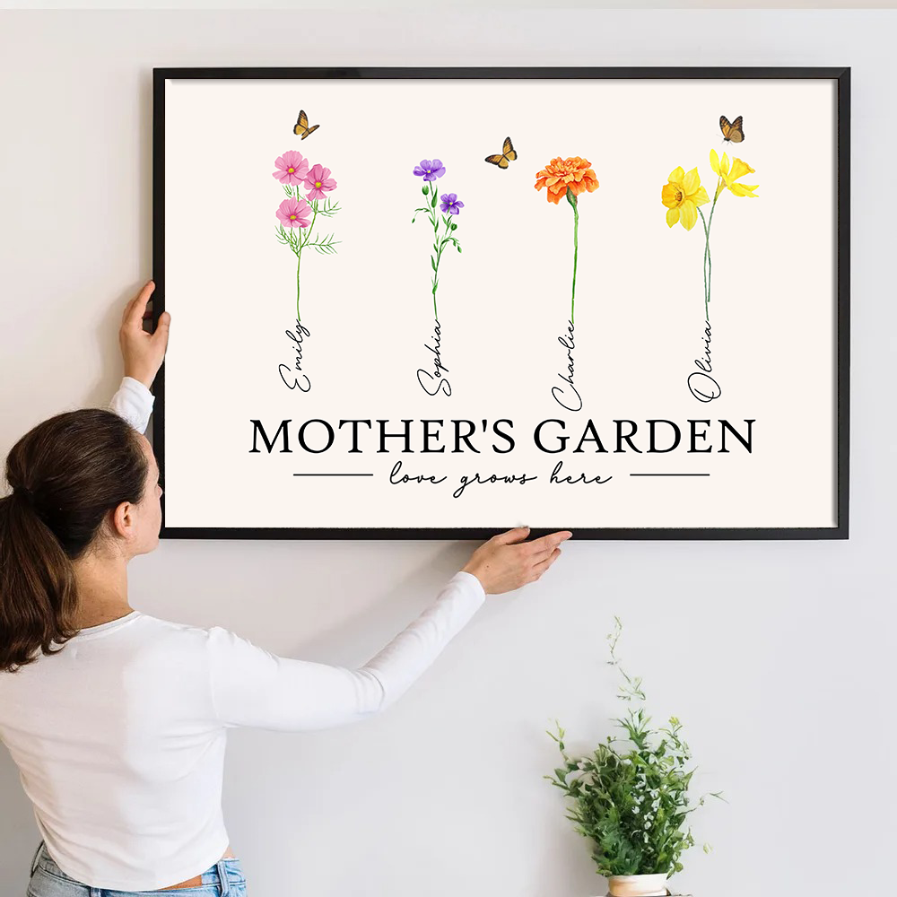 Mother's Garden Love Grows Here Watercolor Birth Month Flower - Personalized Poster/Canvas - Gift For Grandma, Mom