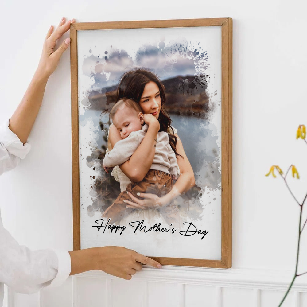 Custom Photo Watercolor Mom Portrait - Personalized Poster/Canvas Print - Gift For Mom, Mother's Day