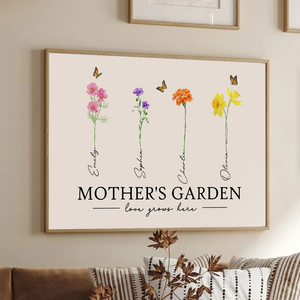 Mother's Garden Love Grows Here Watercolor Birth Month Flower - Personalized Poster/Canvas - Gift For Grandma, Mom