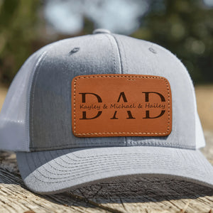 Custom Kids Name Dad Hat - Personalized Leather Patch Hat, Dad and Kids Trucker Hat - Father's Day & Summer Gift for Dad, Papa, Grandpa