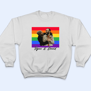 Custom Photo Love Is Love Pride Flag LGBT Couple | Personalized Gift For Pride Month, Valentine, Anniversary, Husband Wife, Girlfriend, Boyfriend, Her/Him, Family | T-shirts - Suzitee Store