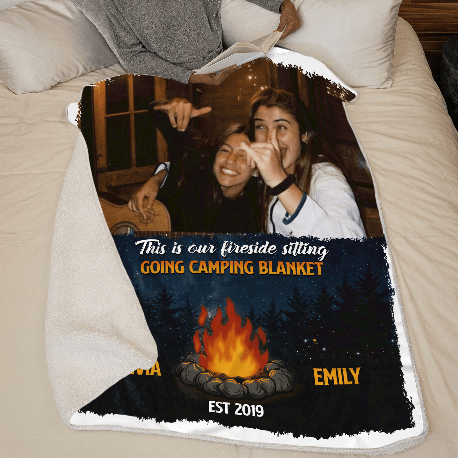 Custom Photo Fireside Sitting Going Camping Blanket - Personalized Custom Blanket - Gift For Best Friends, BFF, Sisters, Camping Lovers - Suzitee Store
