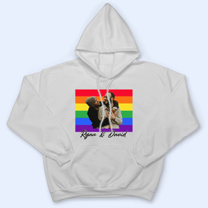 Custom Photo Love Is Love Pride Flag LGBT Couple | Personalized Gift For Pride Month, Valentine, Anniversary, Husband Wife, Girlfriend, Boyfriend, Her/Him, Family | T-shirts - Suzitee Store