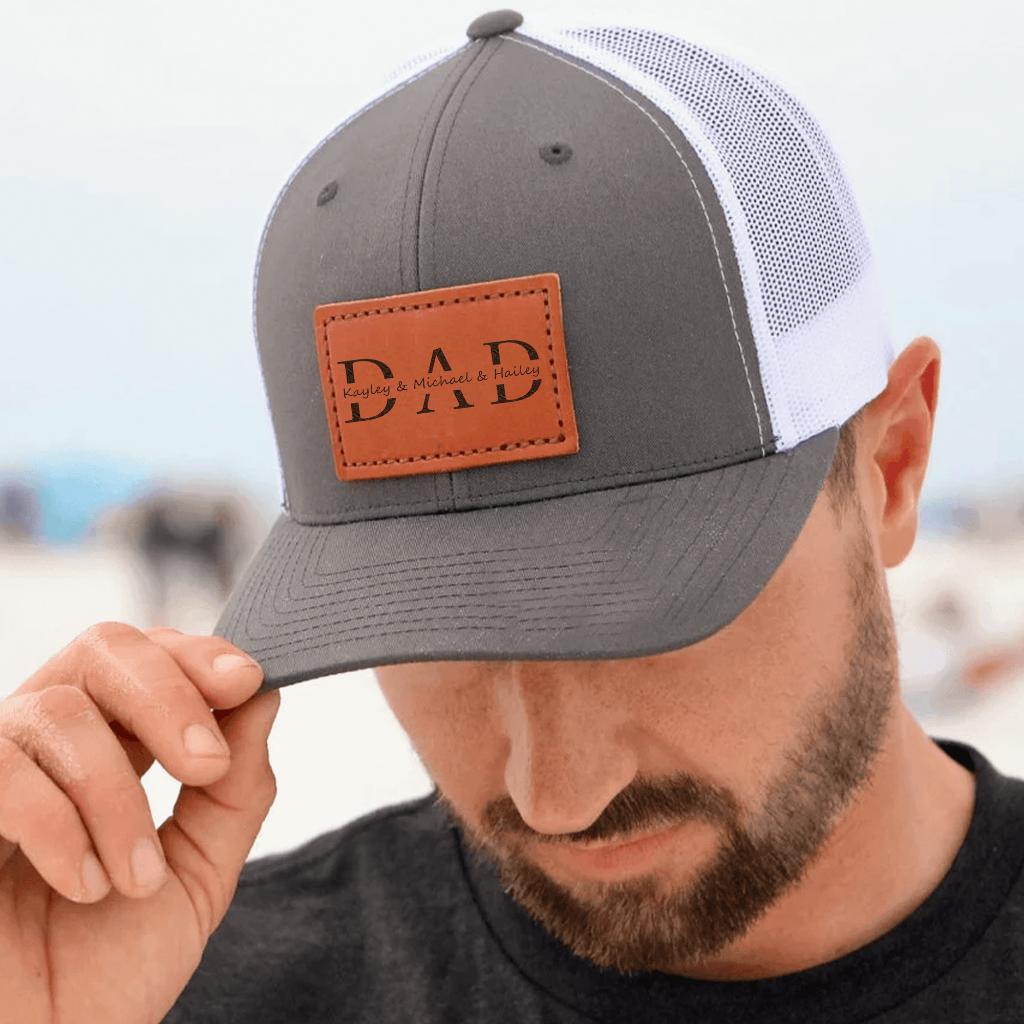 Custom Kids Name Dad Hat - Personalized Leather Patch Hat, Dad and Kids Trucker Hat - Father's Day & Summer Gift for Dad, Papa, Grandpa