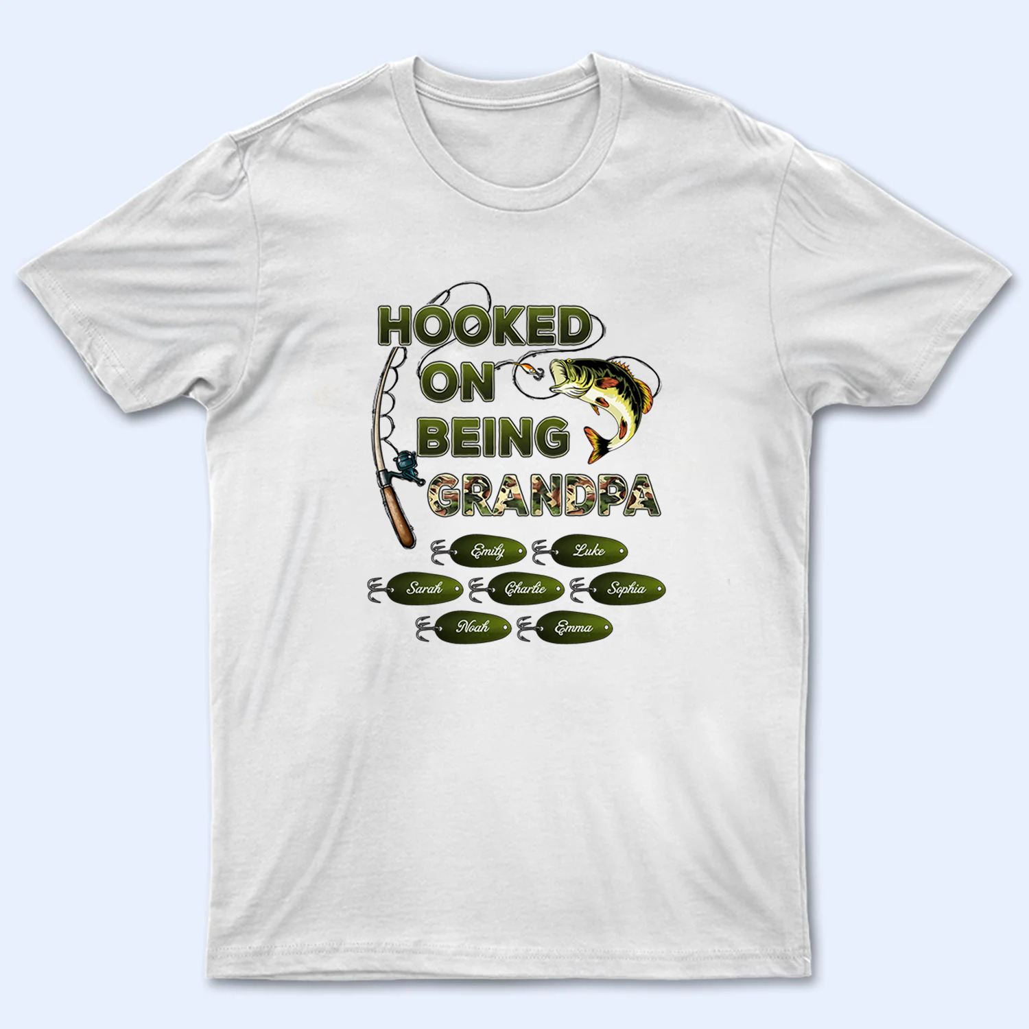 Hooked On Being Grandpa Papa Fishing Camouflage - Personalized Custom T Shirt - Gift for Dad, Papa, Grandpa, Daddy, Dada