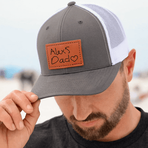 Custom Kids Handwriting Trucker Hat - Personalized Engraved Leather Patch Hat - Custom Father's Day Gift for Him, Husband, Daddy, Grandpa, Dad Hat, Dad Gift From Daughter, Custom Dad Cap, Gift For Dad From Kids, Dad Gift Handwritten