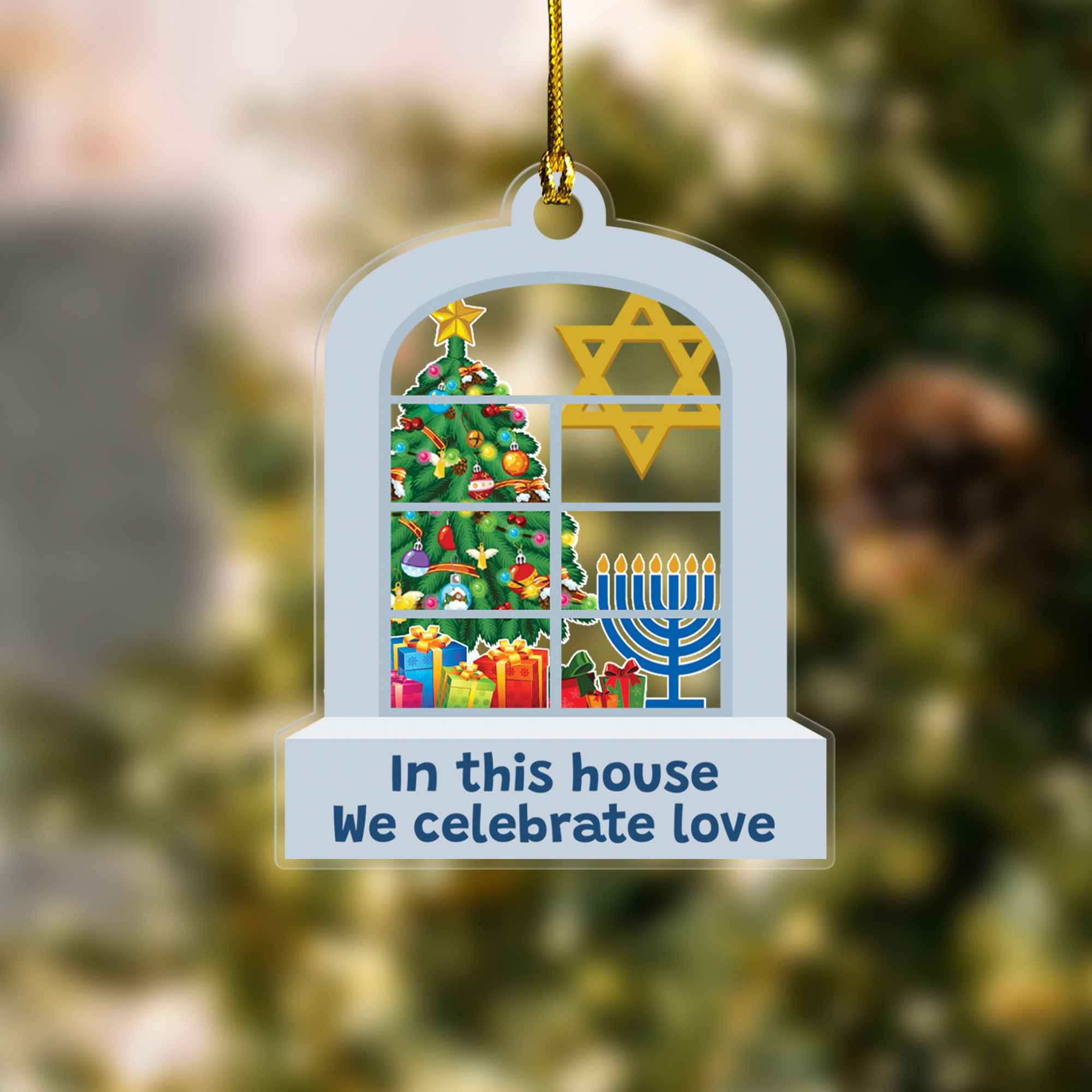 Hanukkah Acrylic Ornament - Custom Shaped Acrylic Ornament - Interfaith Family Gift Ideas, Jewish and Christian Family Decorations