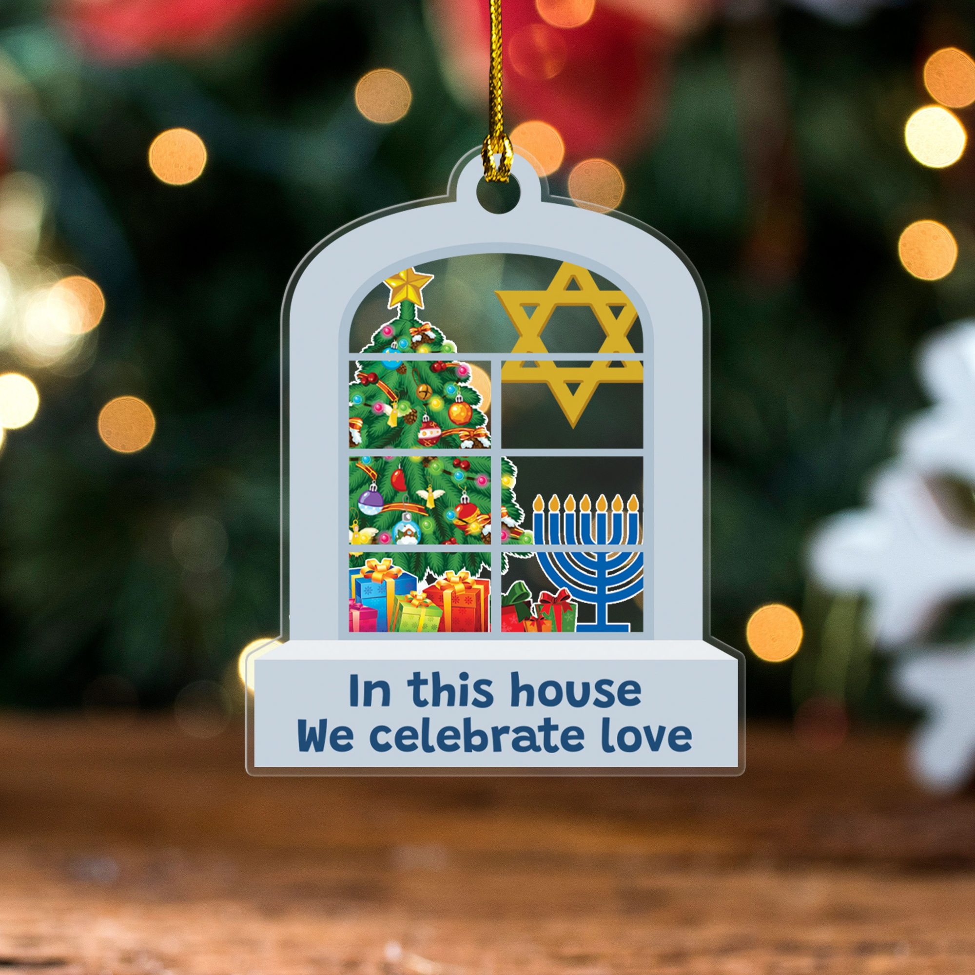 Hanukkah Acrylic Ornament - Custom Shaped Acrylic Ornament - Interfaith Family Gift Ideas, Jewish and Christian Family Decorations