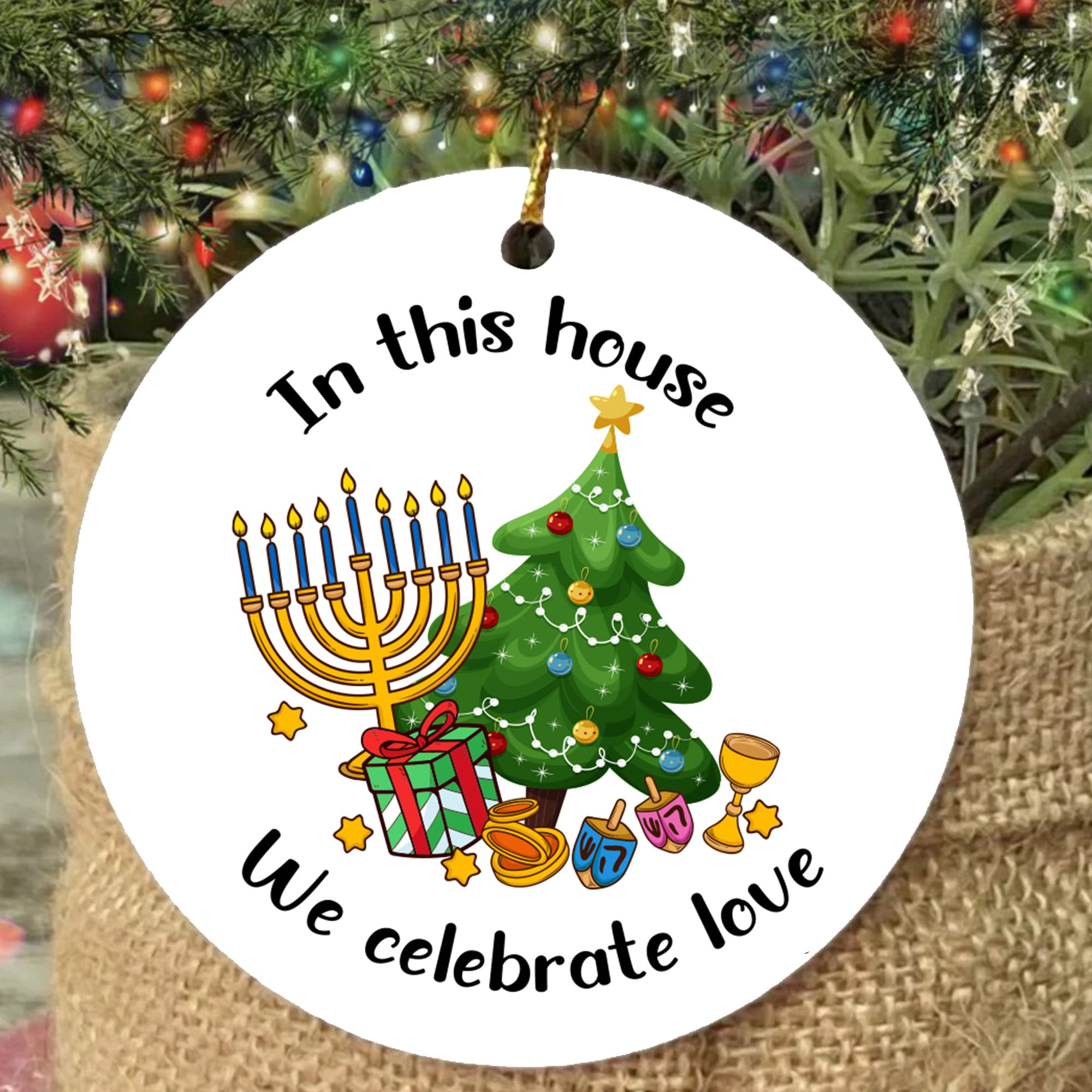 Hanukkah Ceramic Ornament - Interfaith Family Gift Ideas, Jewish and Christian Family Decorations