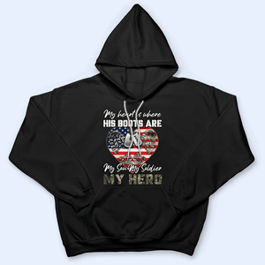 My Heart Is Where His Boots Are, My Son My Soldier My Hero - Personalized Custom Name On Dog Tag T Shirt - Proud US Army Graduation, US Army Matching Family Shirt, US Military Army, Armed Forces Day - Suzitee Store