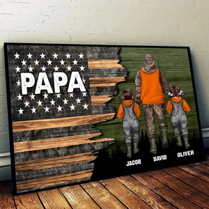 Hunting Dad Grandpa With Kids Half Nation Flag - Personalized Poster/Canvas - Gift For Hunter, Hunting Season, Gift for Dad, Papa, Grandpa, Daddy, Dada